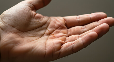 Open human hand with palm facing up against a neutral background  