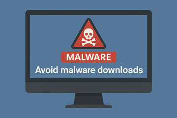 A digital illustration showing a computer monitor displaying a warning sign about malware. It emphasizes the importance of avoiding malware downloads to protect data security.