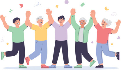 Happy senior people celebrating together, elderly friends enjoying active lifestyle, group of cheerful retirees having fun, joyful retirement life, aged community unity illustration