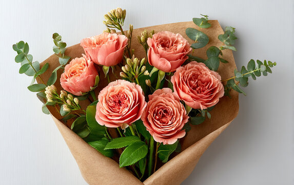 Rose bouquet wrapped in rustic kraft paper placed on a clean white background under soft natural lighting. Ideal for romantic, floral, gift, and seasonal design themes.


