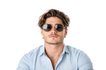 Cool Confidence: A handsome individual exudes cool confidence, shielding his eyes with stylish shades, while looking directly at the viewer. Portraying a sense of charisma and timeless elegance.