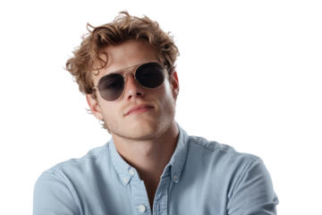 Sun-Kissed Portrait: A handsome young man with curly hair and aviator sunglasses exudes casual confidence in a sun-kissed portrait, dressed in a light blue shirt.