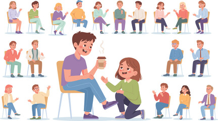 Diverse People in Group Therapy or Meeting Setting – Flat Vector Illustration of Conversation, Emotional Support, Mental Health, Communication, Counseling, Coffee, Team Discussion