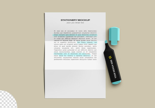 Stationery Flatlay Letter and Highlighter Marker Pen Mockup