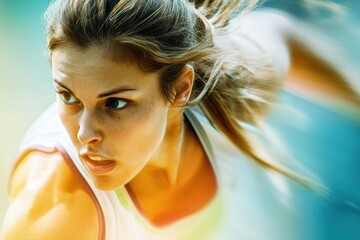 Focused athletic woman swinging tennis racquet in intense game