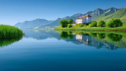 Fototapeta premium Majestic Castle Reflected in Tranquil Lake Surrounded by Lush Green Hills
