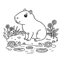 Charming Capybara Sitting by the Pond with Lily Pads and Flowers. to colour