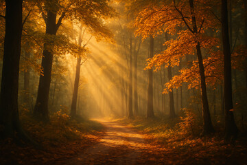 Obraz premium A serene forest scene capturing autumn's golden glow. Sunlight filters through trees, illuminating a tranquil path covered with fallen leaves, inviting peaceful reflection.