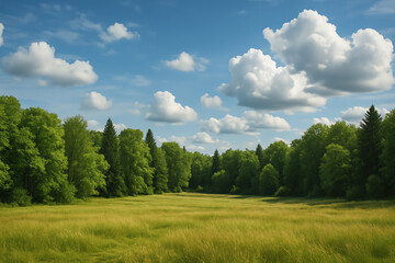 Obraz premium A serene landscape featuring a lush green meadow bordered by tall trees under a bright blue sky with fluffy white clouds. Perfect for nature lovers and outdoor enthusiasts.