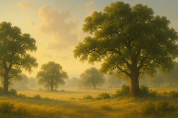 Fototapeta premium A serene landscape featuring majestic trees under a soft golden light