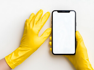 A smartphone held by hands in yellow gloves with a clean white screen. Preparing to sanitize or ready to access cleaning-related applications and services.