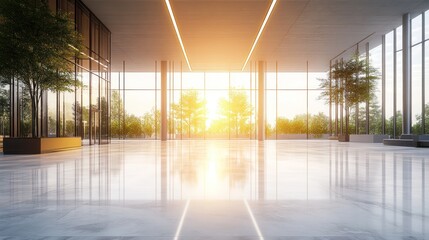 Fototapeta premium Bright Modern Lobby Interior with Trees and Sunlight Reflection