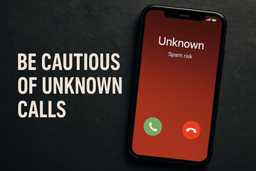 A smartphone screen displaying an incoming call from an unknown number, highlighting the importance of caution against spam calls and potential risks associated with answering them