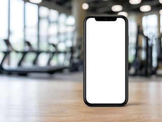 Smartphone with blank white screen stands ready for your fitness app promotion! Perfect mockup for workout program advertising at the gym.