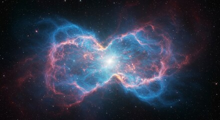 Cosmic energy swirls in vibrant blue and red hues, forming an infinity symbol against a star-dusted backdrop