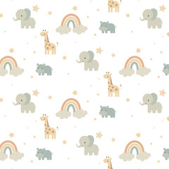Cute vector seamless patterns with giraffe, elephant, hippopotamus, rainbows, stars on white background.