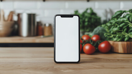 Smartphone on kitchen counter with blank screen, ready for recipe app. Fresh ingredients in background.