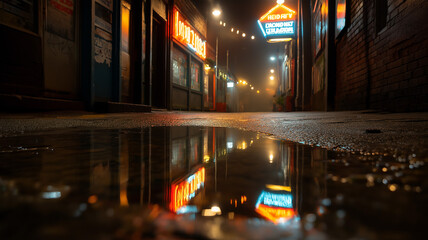 Wet alley with neon signs reflecting in puddles, fog rising from ground, noir city theme, low ambient lighting