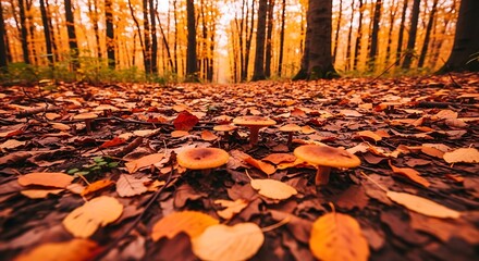 Autumn Forest Floor Mushrooms Among Fallen Leaves