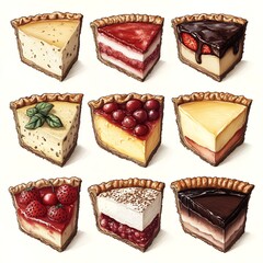 Delicious Assortment of Nine Gourmet Cheesecake Slices with Various Toppings