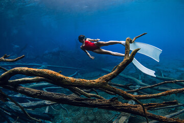 Freediver woman with fins swims underwater between sunken wooden logs in lake. Freediving in blue crystal lake