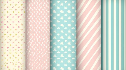 Pastel fabric swatches with various patterns