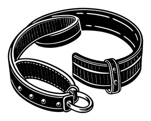 Black and white illustration of a rolled up leather dog collar with metal buckle