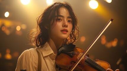 Fototapeta premium Young Woman Playing Violin in Concert Hall with Warm Lighting