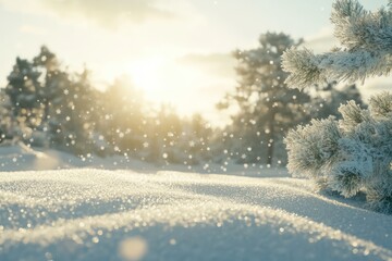 Snowflakes falling over winter forest landscape