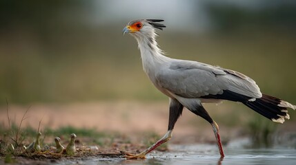 Fototapeta premium A majestic secretary bird walking gracefully near a water source in a lush, vibrant landscape