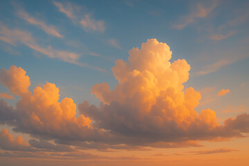 A stunning sunset sky filled with fluffy clouds illuminated by soft orange and pink hues, creating a tranquil and picturesque atmosphere perfect for nature lovers and photographers