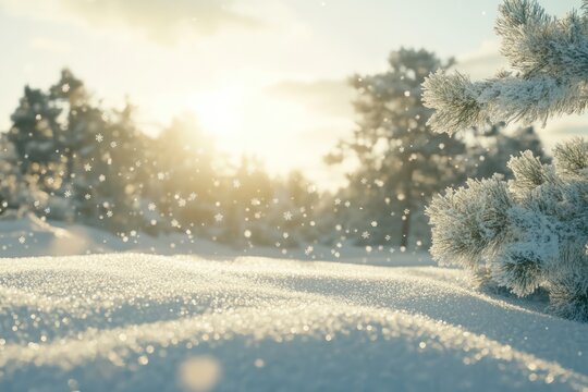 Snowflakes falling over winter forest landscape