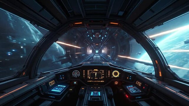 First-person view from inside a sleek sci-fi spaceship cockpit with holographic controls and glowing HUD