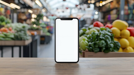 Smartphone with a blank screen at the farmer's market, against a blurred backdrop of fresh produce, perfect for displaying apps or mobile content.