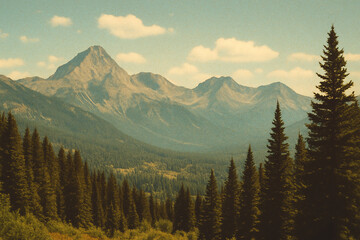 A stunning view of majestic mountains surrounded by lush green forests under a clear blue sky, capturing the beauty of nature and tranquility in an idyllic outdoor setting.