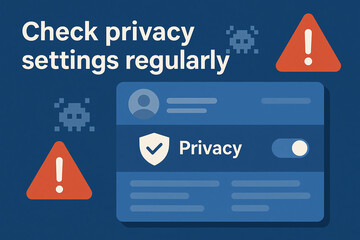 A stylish digital illustration highlighting the importance of regularly checking privacy settings. Featuring alerts that remind users to safeguard personal information online.