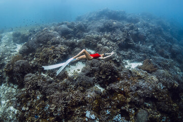 Sexy freediver glides underwater ocean and corals. Free diving in blue sea