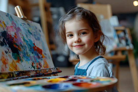 The girl is drawing and playing with colorful paints.