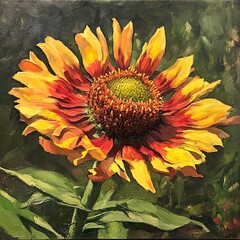 Radiant Gaillardia Flower Oil Painting CloseUp of Petals and Green Leaves
