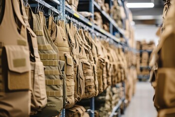 Tan tactical vests hanging in military warehouse