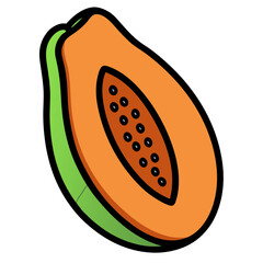 Cartoon illustration of a halved papaya fruit with seeds