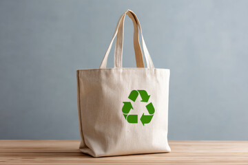 Eco-friendly reusable tote bag with green recycle symbol on a wooden table, promoting sustainability.
