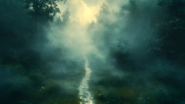 A misty forest path with sunlight breaking through the fog