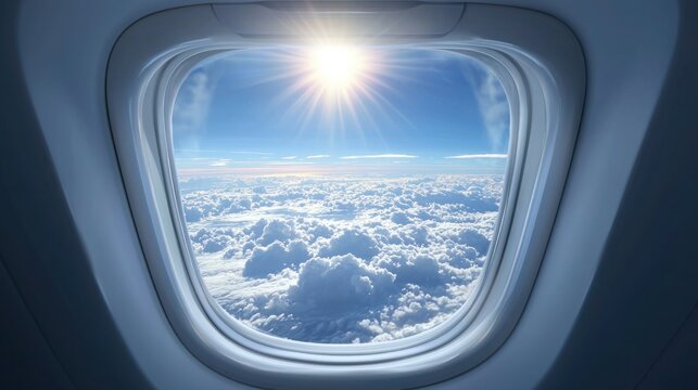 A passenger looking out an airplane window at the clouds with headphones on capturing peaceful in-flight moments