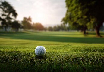 Fototapeta premium Golf ball rests on green grass, with a blurred background of trees and sky.