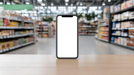 Smartphone mockup on grocery store counter showcasing app interface.  Modern shopping experience, digital grocery list, blank screen template.