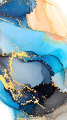 An abstract artwork with swirling blue, grey, and peach alcohol inks, highlighted by shimmering gold accents