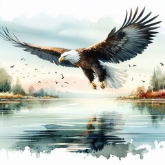 watercolor painting depicting an elegant bald eagle flying low over the water