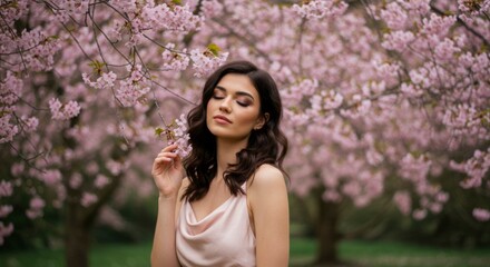 Serene woman with dark hair and eyes, wearing a pale pink dress, stands amidst blooming cherry blossoms