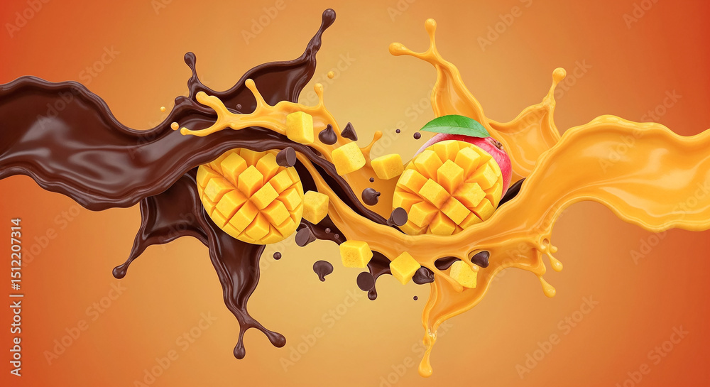 Poster Chocolate and mango slices mixing in a splashing juice wave